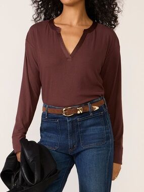 Evereve Bex Split Neck Top Brown Modal Blend Classic Preppy Closet Staple Medium